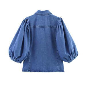 3 Colorway <strong>Turn</strong> Down Collar Long Sleeve Buttons <strong>up</strong> Denim Blue Color Casual Fashion <strong>Jeans</strong> Tops Blouse for Women - Product Image 2