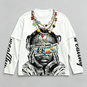T-Shirt da Uomo con Stampa Grafica Stile Street <span class=keywords><strong>Hiphop</strong></span>, Collo Tondo, 2 in 1, Manica Lunga, Abbigliamento Autunnale Maschile - Product Image 3