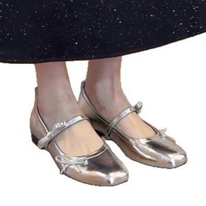 Zapatos Planos Mary Jane Plateados con Punta Cuadrada, Decoración de Lazo, Cuero Genuino, para Todas las Temporadas, Zapatos Planos para Mujer - Product Image 5