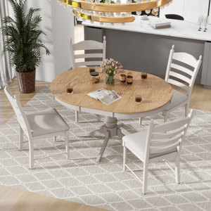 5-Piece Modern Extendable <b>Dining</b> <b>Table</b> Set 4 Comfortable Upholstered Chairs Solid Wood <b>Dining</b> Room Furniture for Hotel Apartment - Product Image 3