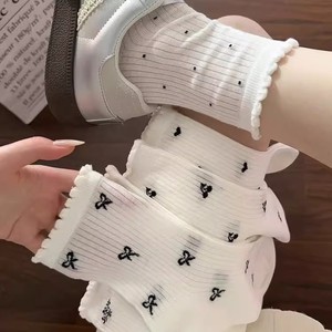Women's White Breathable Mesh Socks Mid Calf Lace Trim Sweat Absorbing Casual Summer Socks - Product Image 1