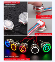 Interrupteur à bouton tactile en acier inoxydable de 12 mm, indicateur LED rouge, étanche IP67, 1NO, momentané, à souder, type court