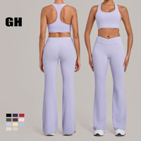 GH Wholesale 5PCS Yoga Gym Fitness Clothing Sets for Women Sports Bra Pocket Leggings Wide Leg Flared Pants Activewear