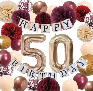 Rose Gold burgundy 50th 60th Women Birthday Party Supplies with Birthday Banner Tissue Pompoms Flowers Giant 40 50 foil balloons