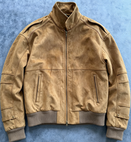 Jaket Bomber Penerbangan Khaki Vintage Pria Kerah Tegak Mantel Kulit Model Longgar untuk Gaya Jalanan Sehari-hari