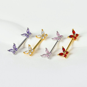 Barre de <span class=keywords><strong>piercing</strong></span> pour téton en acier inoxydable plaqué or, avec <span class=keywords><strong>double</strong></span> papillon multicolore en zircon cubique, pour usage quotidien, fêtes et décoration corporelle - Product Image 1