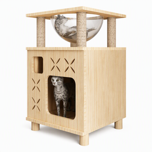 Torre per Gatti Kate Paradise H in Legno Massello a Due Livelli con Ciotola in Acrilico, Pali in Sisal e Design a X per Gatti 65cm - Product Image 1