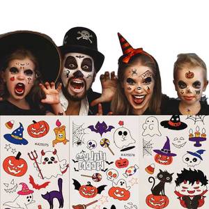 Autocollants de tatouage temporaire néon personnalisés pour enfants, imperméables, motifs citrouille, fantôme, crâne, fluorescent, dessin animé, pour fête, autocollant corporel - Product Image 1