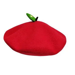 Nhà Máy Phụ Nữ Kawaii Trái Cây Dễ Thương Handmade Len Cảm Thấy Táo Beret Vui Màu Xanh Lá Cây Lá Sáng Tạo Nghệ Sĩ Mũ