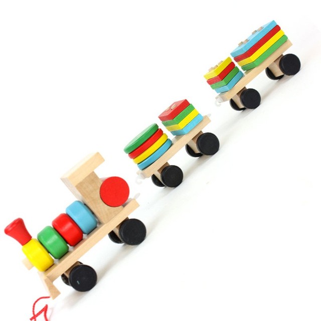 Little Train Geometric Shape Blocks Sorting and Stacking Wooden Pull Along Trains Toy