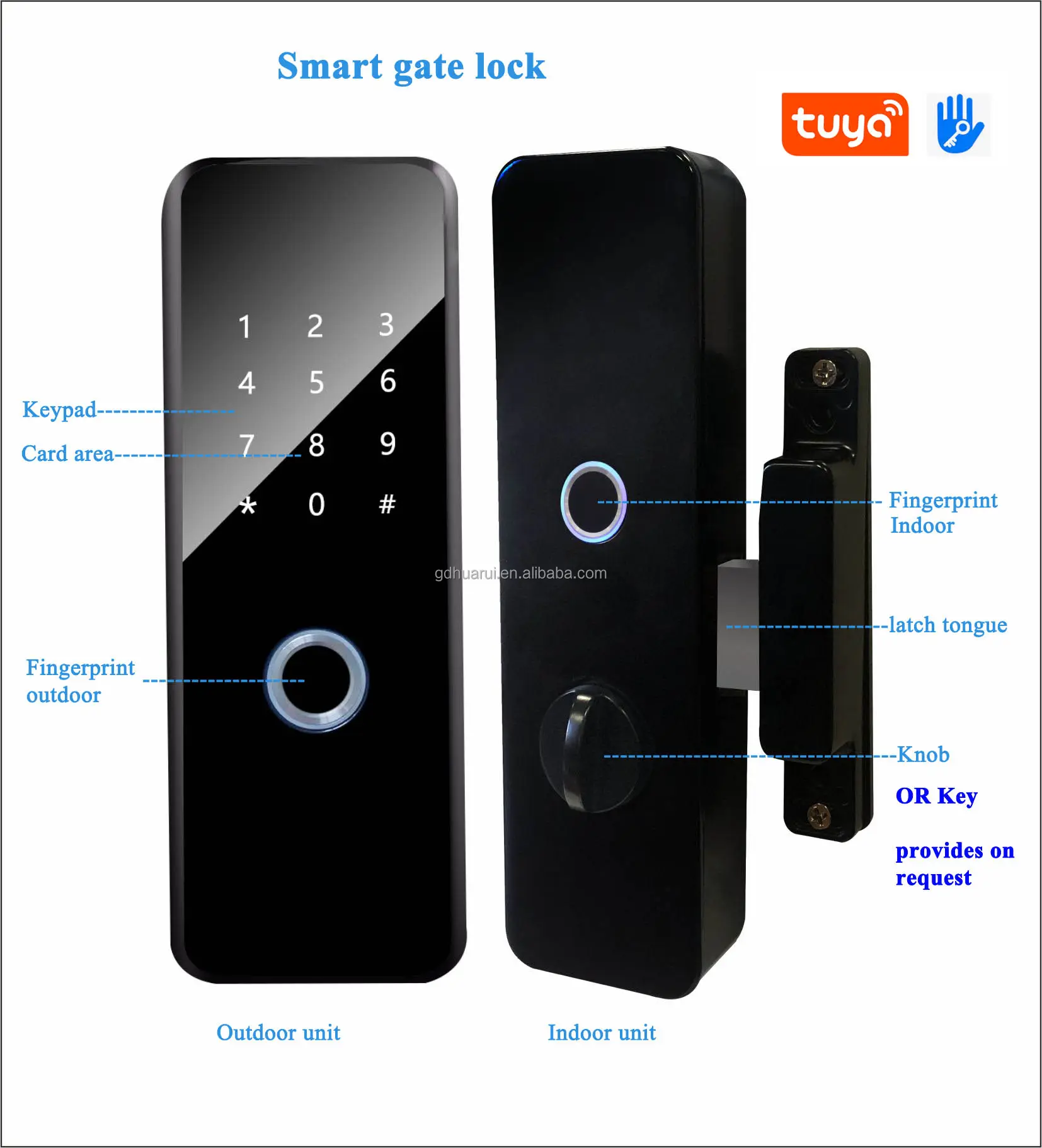 Huarui قفل للماء الذكية قفل البوابة بصمة المزدوج الجانبين المعادن ذكي ttlock تويا الذكية wifi الباب قفل