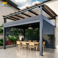 Pergola électrique de luxe extérieure, écologique, étanche, avec toit à persiennes rétractables et rideaux, structure en aluminium, inspirée de la nature