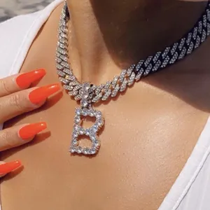 WG006A Iced Cuban Link Chain Letter Pendant Diamond Necklace Cuban Chain Women's Chocker Jewelry "A to Z" initial Necklace