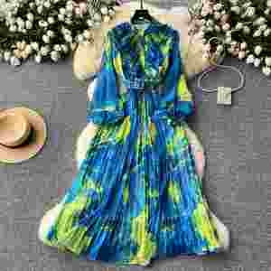 Vestido Midi con estampado al óleo para mujer, vestido elegante Vintage francés para mujer, vestidos de gasa con estampado de cintura y manga larga - Product Image 3