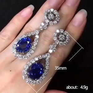 Classic Blue Sapphire Drop Earrings With Round Brilliant Cut <b>Crystal</b> Pave Setting For Women Wedding Jewelry - Product Image 5