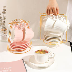 Elegant Ceramic Coffee Cup And Saucer <b>Set</b> With Stand For <b>Afternoon</b> <b>Tea</b> European Style Solid Color Round Handle Design - Product Image 1