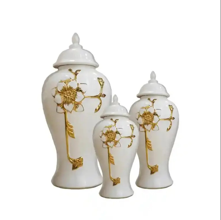 24 "Altura Venda Quente Casa Decorativa Alto Piso Vasos Grande Branco e Ouro Floral Cerâmica Ouro Gengibre Jar Conjuntos