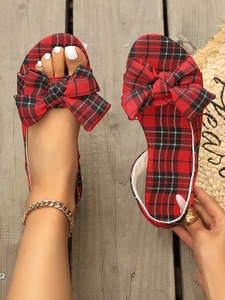 Sandalias planas con lazo a cuadros para mujer, sandalias con correa trasera y punta abierta, calzado informal de verano - Product Image 3