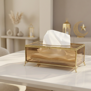 Manufacturers Luxury Rectangle Golden Brown Glass Tissue <b>Box</b> with Brass Frame Multifunction <b>for</b> Home <b>Storage</b> Organization Hotels - Product Image 1