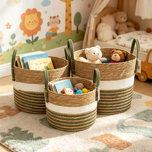 Panier tissé naturel rayé vert et blanc avec corde en coton et poignées, organisateur écologique pour la maison - Product Image 6