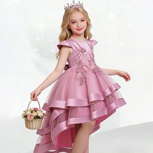 Princess Dress For Girls Pink Tulle A-Line O-Neck Embroidered Flower Girl Gown With Train Summer Formal Wear - Product Image 1