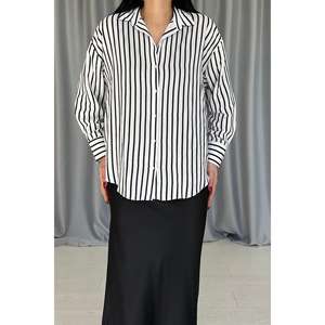 Elegante Camisa de Popelina a Rayas Negras para Mujer, Blusa Asimétrica con Botones para Oficina, Top de Moda de Manga Larga - Product Image 4