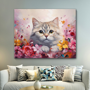 Dipinto <span class=keywords><strong>su</strong></span> <span class=keywords><strong>Tela</strong></span> con Numeri Personalizzato all'Ingrosso, Gatto Carino e <span class=keywords><strong>Fiori</strong></span> <span class=keywords><strong>su</strong></span> Lino, Pittura per Adulti, Decorazione Casa, Dipinto a Mano - Product Image 2