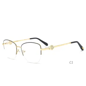 Matel optique cadres célèbre modèle en acier inoxydable diamant lunettes femmes lunettes demi-montures