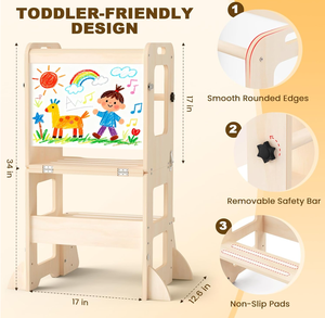 Tour d'apprentissage moderne 4-en-1 à double niveau, pliable, écologique, en bois, avec tableau blanc et tableau noir pour enfants de 1 à 3 ans - Product Image 3