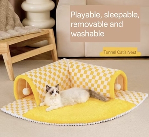 Túnel para gatos de 20cm de diámetro con alfombrilla de felpa a cuadros, adecuado para todas las estaciones, casa de madriguera para gatos - Product Image 2