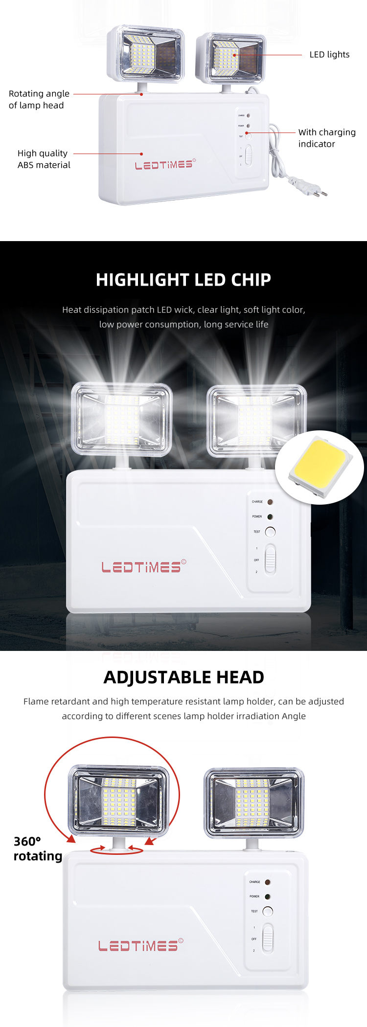 Easy Installation 6V 4AH 48pcs Adjustable Dual Heads Indoor 0.2w Portable Rechargeable Led Emergency Light