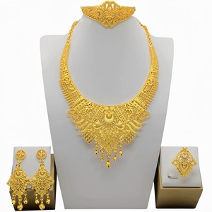 Ethnic Gold Plated Jewelry Set Necklace Earrings Ring Bracelet <b>Wedding</b> Women's 22k Plated Floral Design Party Bridal <b>Accessories</b> - Product Image 5