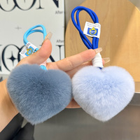 Mignon véritable fourrure lapin peluche porte-clés doux coeur pendentif bracelet avec pompon voiture porte-clés sac breloque idée cadeau créatif