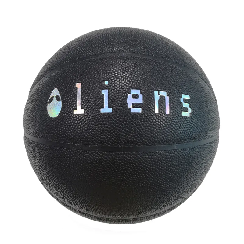 Custom iridescent logo size 29.5 black composite leather basketball for indoor and outdoor play