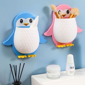 Penguin Storage Rack Wall Mounted Punch Free For <b>Makeup</b> Tools Toothbrush <b>Holder</b> Phone Stand Blue Pink Black Color - Product Image 3