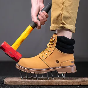 Bottes de sécurité industrielles en cuir véritable à bout en acier à la mode, bottes de travail robustes anti-perforation, construction pour hommes et femmes