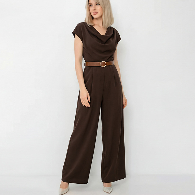 Elegant Satin Seamless Jumpsuit Women Draped Cowl Neck Short Sleeve Design Wide-Leg Pants 3D Pattern Spliced Decoration Summer