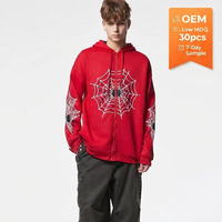 Sweat-shirt à capuche personnalisé pour homme, 100% coton, rouge, imprimé toile d'araignée, coupe ample, automne, imperméable, faible MOQ