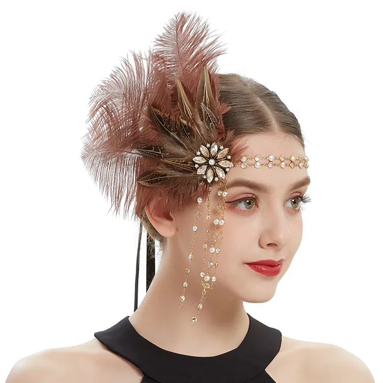 Unique Fascinators Pearl Rhinestone Hairband Bride Headband 1920S Feather Headband para mujer