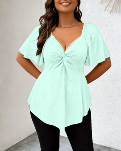 Joyinspring Blusa/Camisa de Fibra de Leche de Manga Corta con Cuello en V, Casual, Sólida, con Nudo, Estiliza, para Mujer, Tallas Grandes, Primavera, Verano, Otoño - Product Image 6