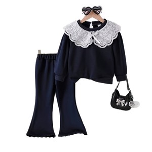 Set per Bambine con <span class=keywords><strong>Felpa</strong></span> <span class=keywords><strong>in</strong></span> Pizzo Traforato e Ricamo Floreale, Colletto Peter Pan e <span class=keywords><strong>Pantaloni</strong></span> a Zampa - Product Image 4