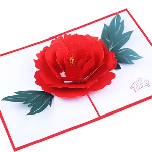 New Style 3d Floral Card Red Rose Handcraft Pop Up Greeting Card for Sale for Valentine's Day Gift