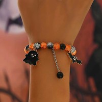 Bracelet extensible Halloween 2025 avec perles de cristal noires et violettes, breloques citrouille, château et chauve-souris, cadeau