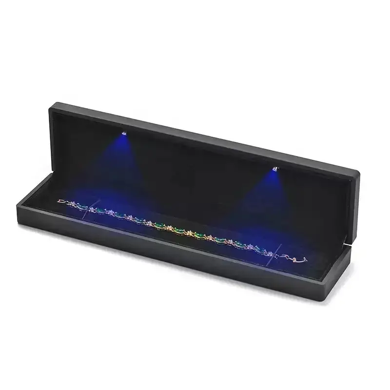 Led jewellery box black lacquer logo gold stamping luxury led jewellery package custom ring diamond jewelry box with lights