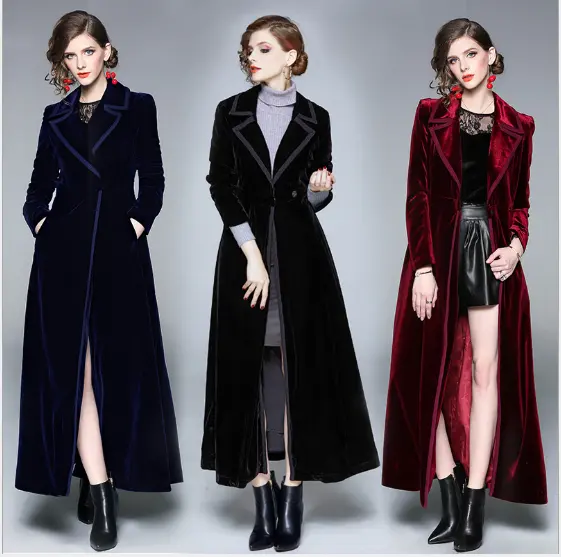 2021 High-end Winter Autumn Ladies Velour Lapel Collar Single Button Abrigos Mujer Velvet Maxi Long Coats For Women
