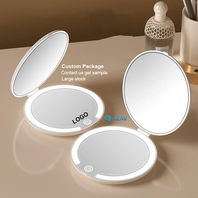 Hot Selling Portable Folding LED Mini Makeup Mirror USB Rechargeable Touch-Up Pocket Size Magnifying 5x Travel Beauty Mirror