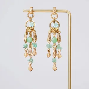 Bohemia Green Earrings Natural Stone Metal Leaf Tassel Elegant Geometric Statement Fringe Chandelier Earrings Pendientes