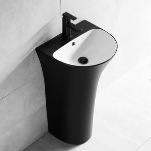 Black <b>Round</b> Ceramic Pedestal <b>Basin</b> Floor Standing Single Hole Smooth Finish Bathroom Sink - Product Image 2