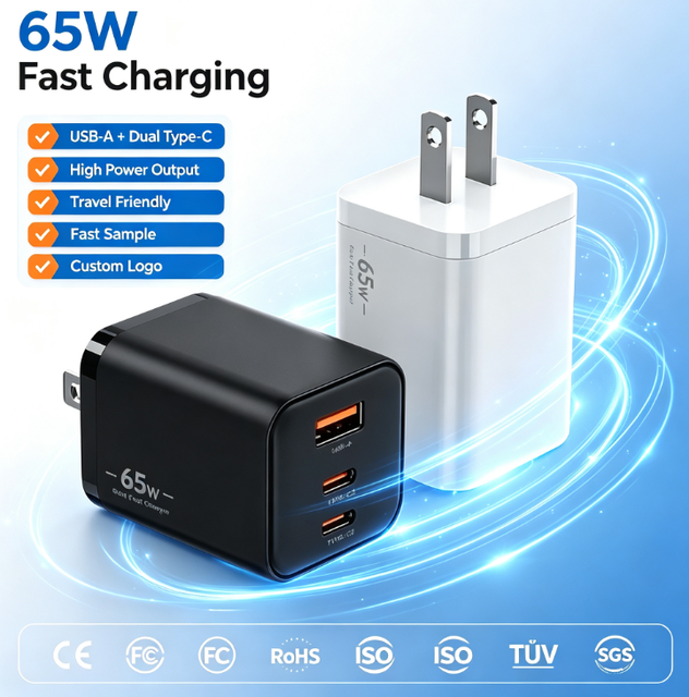 65W GaN Fast Charger 3 Port USB A Dual Type C PD Wall Charger US Plug Power Adapter For Laptop Mobile Phone