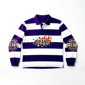 <b>Men's</b> Long Sleeve <b>Striped</b> <b>T</b> <b>Shirt</b> With Flame Logo Print Casual Wear 100% Cotton Poplin Breathable Regular Fit - Product Image 1